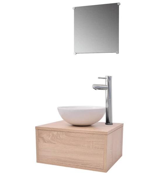4-tlg. Badmöbel-Set mit Waschbecken und Wasserhahn Beige
