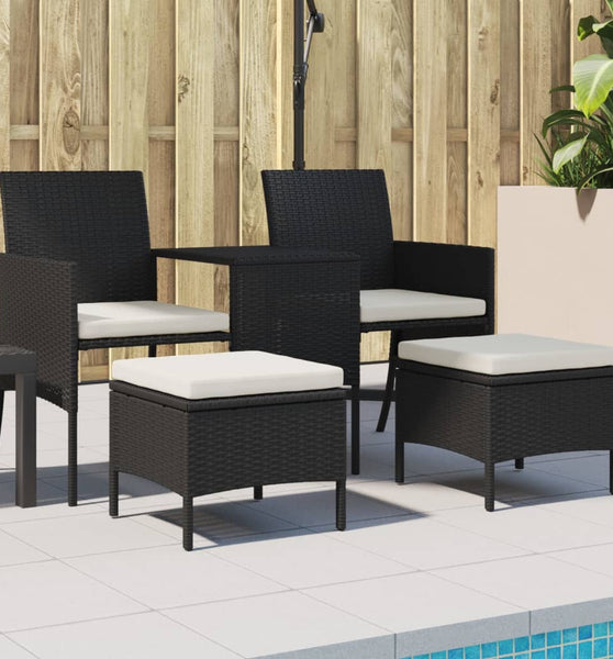 Gartensofa 2-Sitzer mit Tisch und Hockern Schwarz Poly Rattan