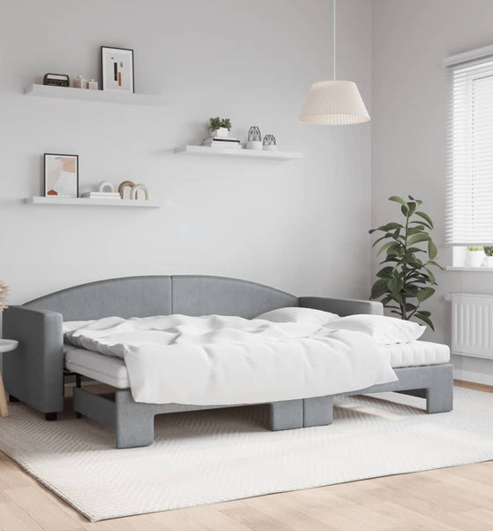 Tagesbett Ausziehbar mit Matratze Hellgrau 80x200 cm Stoff