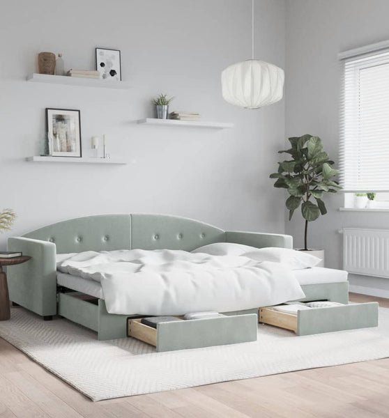 Tagesbett Ausziehbar mit Schubladen Hellgrau 90x200 cm Samt