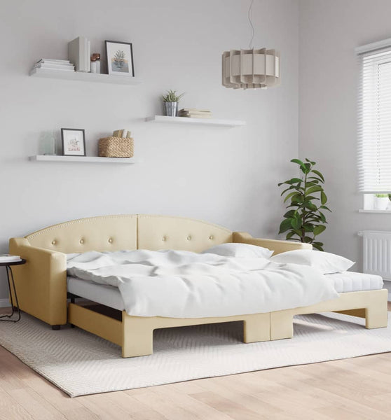 Tagesbett Ausziehbar mit Matratzen Creme 100x200 cm Stoff