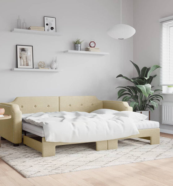 Tagesbett Ausziehbar mit Matratzen Creme 90x200 cm Stoff