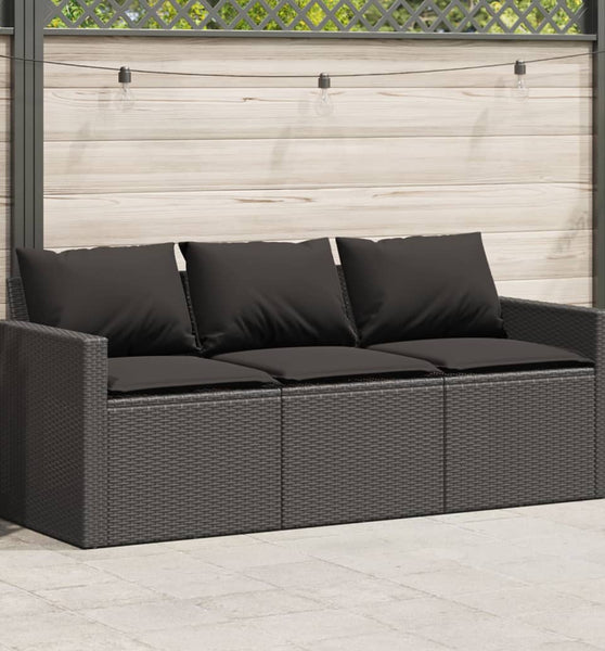 Gartensofa mit Kissen 3-Sitzer Schwarz Poly Rattan