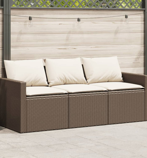 Gartensofa mit Kissen 3-Sitzer Braun Poly Rattan
