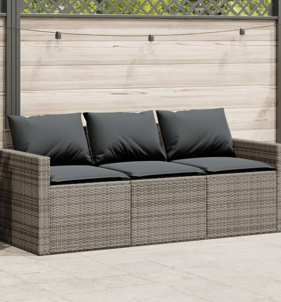 Gartensofa mit Kissen 3-Sitzer Grau Poly Rattan