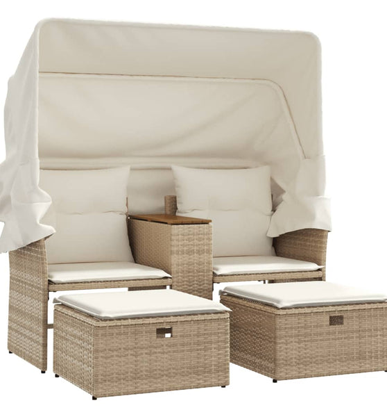 Gartensofa 2-Sitzer mit Dach und Hockern Beige Poly Rattan