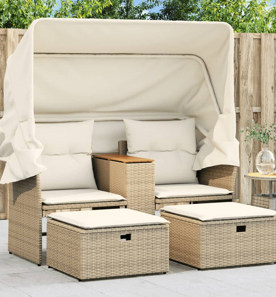 Gartensofa 2-Sitzer mit Dach und Hockern Beige Poly Rattan