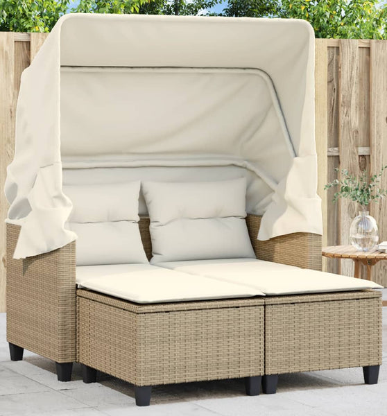 Gartensofa 2-Sitzer mit Dach und Hockern Beige Poly Rattan