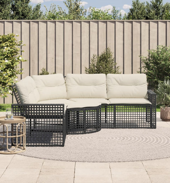 Gartensofa in L-Form mit Kissen und Fußbank Schwarz Poly Rattan