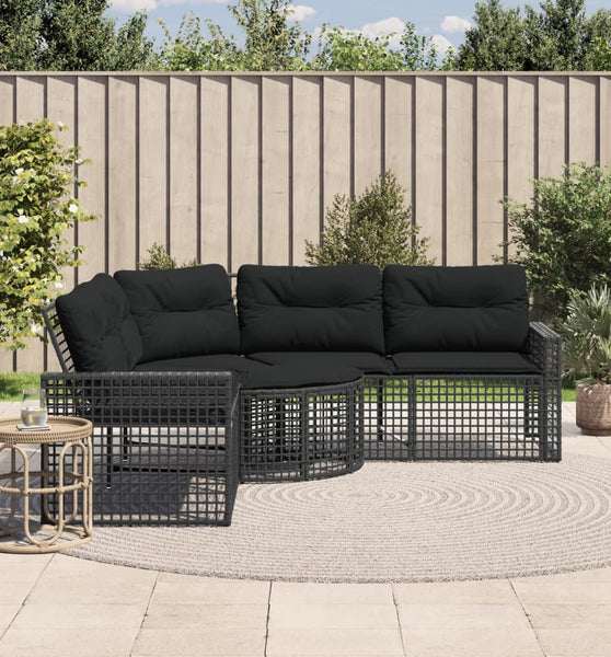 Gartensofa in L-Form mit Kissen und Fußbank Schwarz Poly Rattan