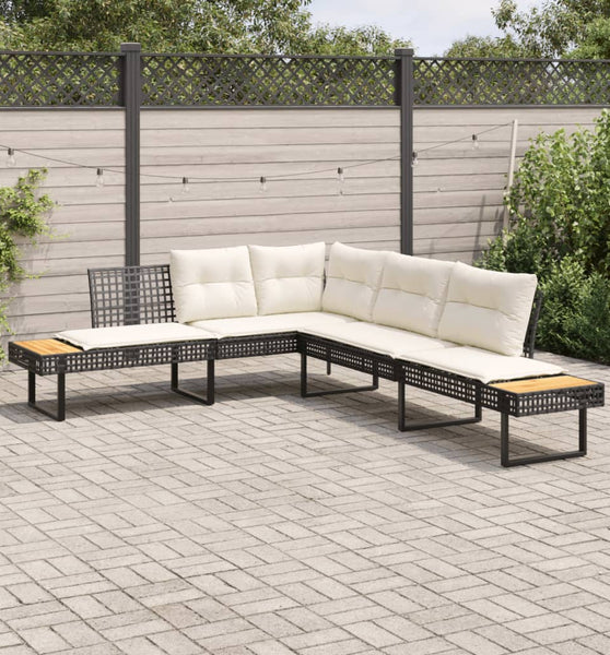Gartensofa in L-Form mit Kissen Schwarz Poly Rattan und Akazie