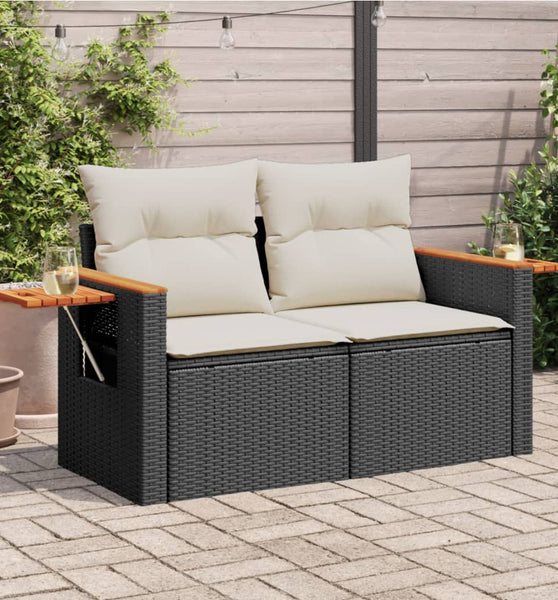 Gartensofa mit Kissen 2-Sitzer Schwarz Poly Rattan