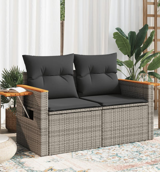 Gartensofa 2-Sitzer mit Kissen Grau Poly Rattan