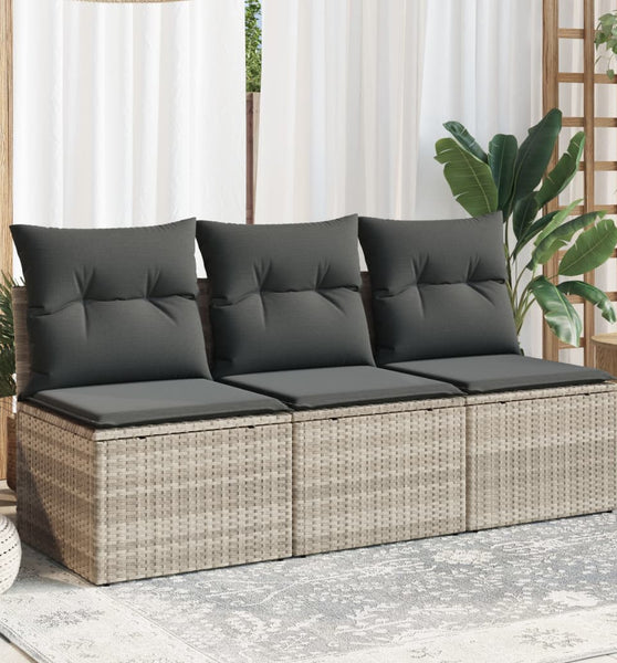 Gartensofa mit Kissen 3-Sitzer Hellgrau Poly Rattan