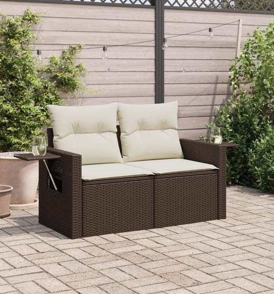 Gartensofa mit Kissen 2-Sitzer Braun Poly Rattan