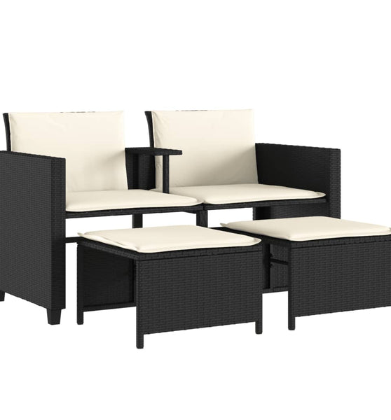 Gartensofa 2-Sitzer mit Tisch und Hockern Schwarz Poly Rattan