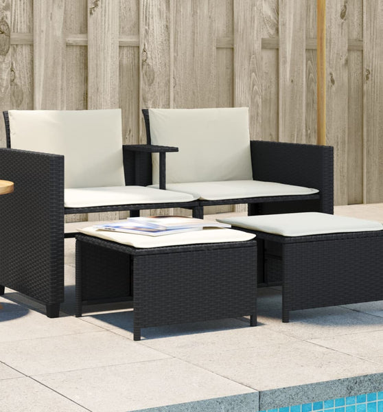 Gartensofa 2-Sitzer mit Tisch und Hockern Schwarz Poly Rattan