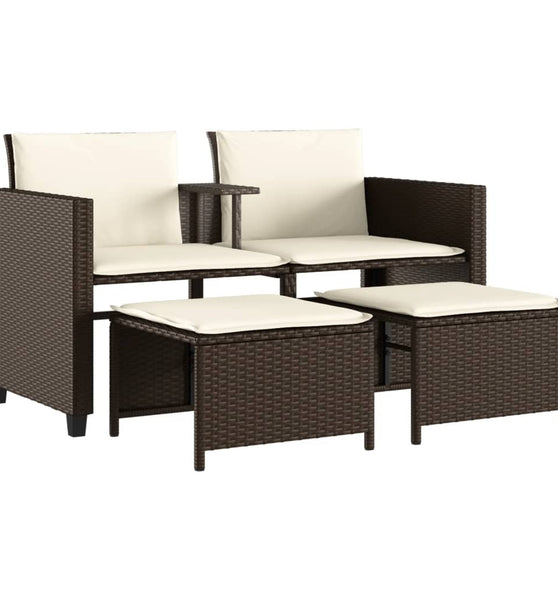 Gartensofa 2-Sitzer mit Tisch und Hockern Braun Poly Rattan