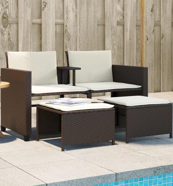 Gartensofa 2-Sitzer mit Tisch und Hockern Braun Poly Rattan