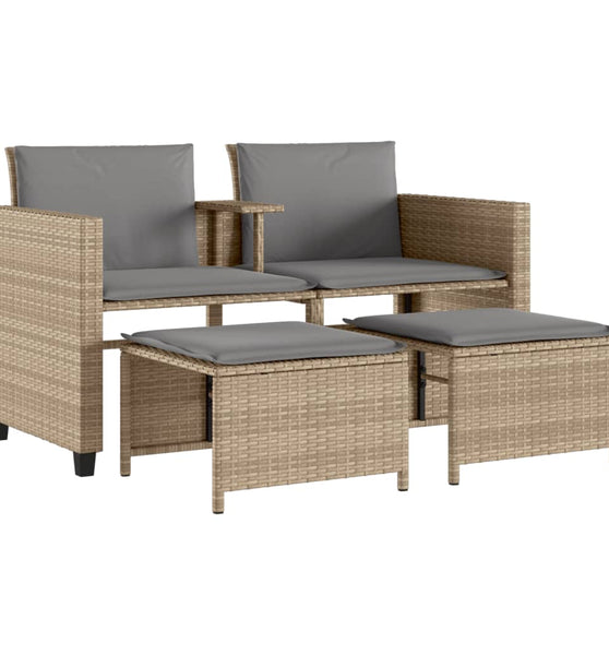 Gartensofa 2-Sitzer mit Tisch und Hockern Beige Poly Rattan