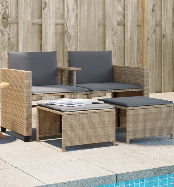 Gartensofa 2-Sitzer mit Tisch und Hockern Beige Poly Rattan