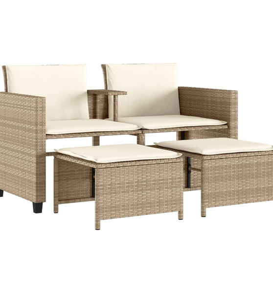 Gartensofa 2-Sitzer mit Tisch und Hockern Beige Poly Rattan