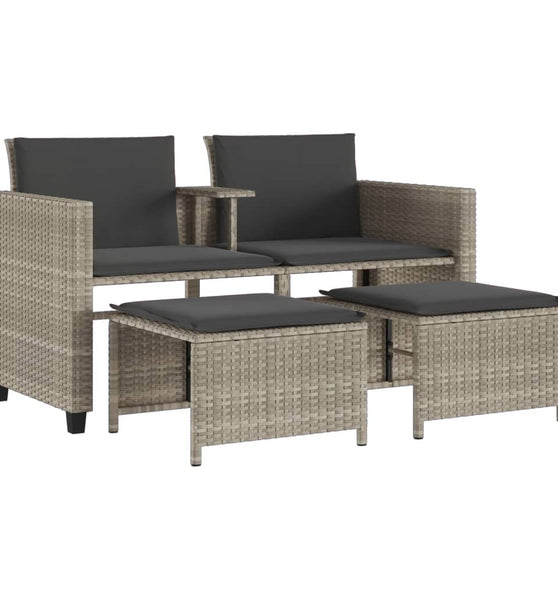 Gartensofa 2-Sitzer mit Tisch und Hockern Hellgrau Poly Rattan