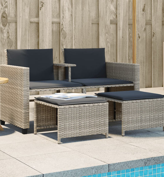Gartensofa 2-Sitzer mit Tisch und Hockern Hellgrau Poly Rattan