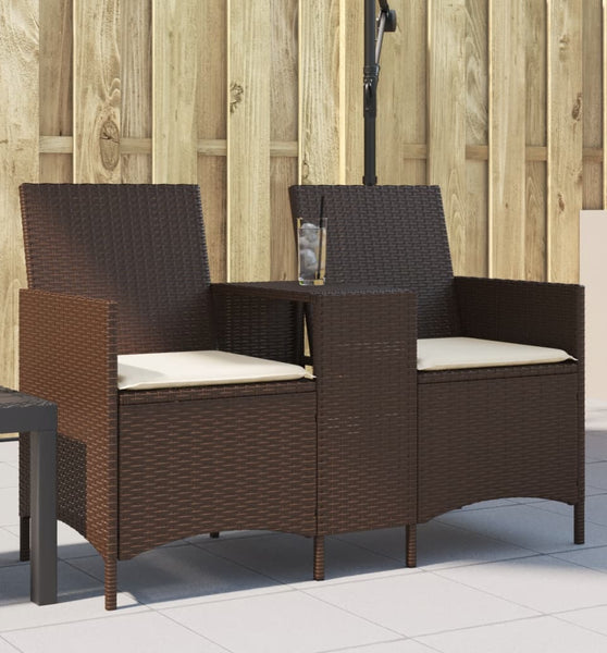 Gartensofa 2-Sitzer mit Tisch und Kissen Braun Poly Rattan
