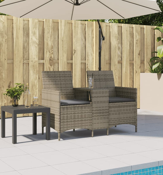 Gartensofa 2-Sitzer mit Tisch und Kissen Grau Poly Rattan
