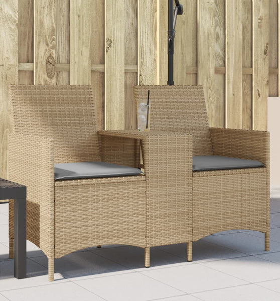 Gartensofa 2-Sitzer mit Tisch und Kissen Beige Poly Rattan