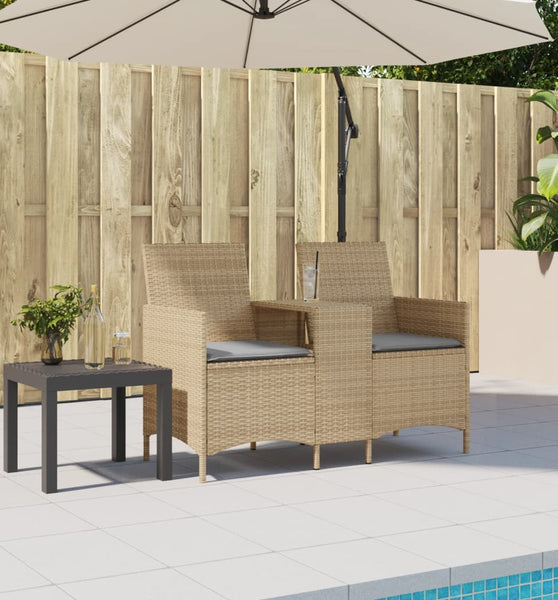 Gartensofa 2-Sitzer mit Tisch und Kissen Beige Poly Rattan