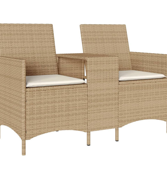 Gartensofa 2-Sitzer mit Tisch und Kissen Beige Poly Rattan
