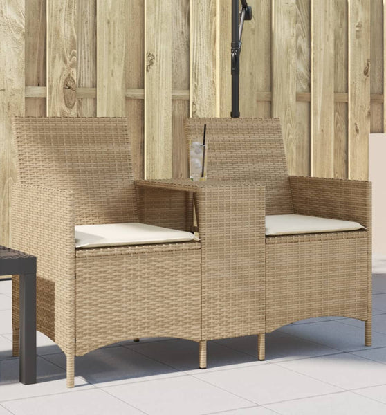 Gartensofa 2-Sitzer mit Tisch und Kissen Beige Poly Rattan