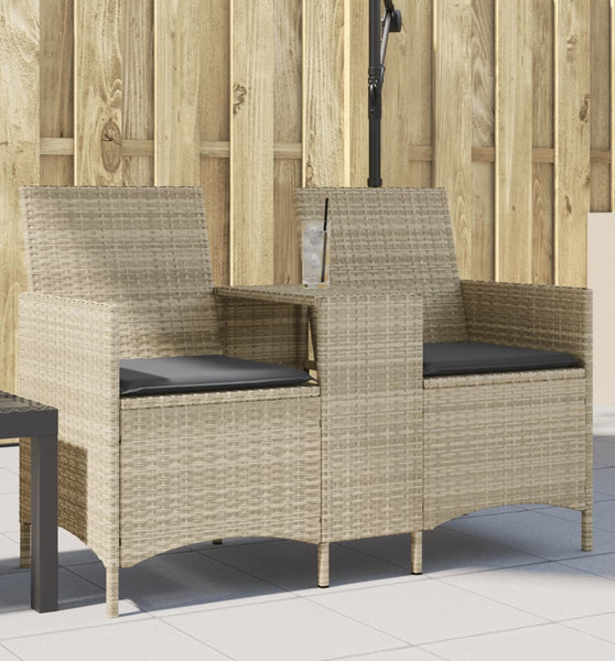 Gartensofa 2-Sitzer mit Tisch und Kissen Hellgrau Poly Rattan