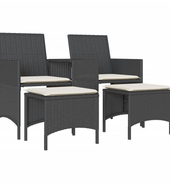 Gartensofa 2-Sitzer mit Tisch und Hockern Schwarz Poly Rattan