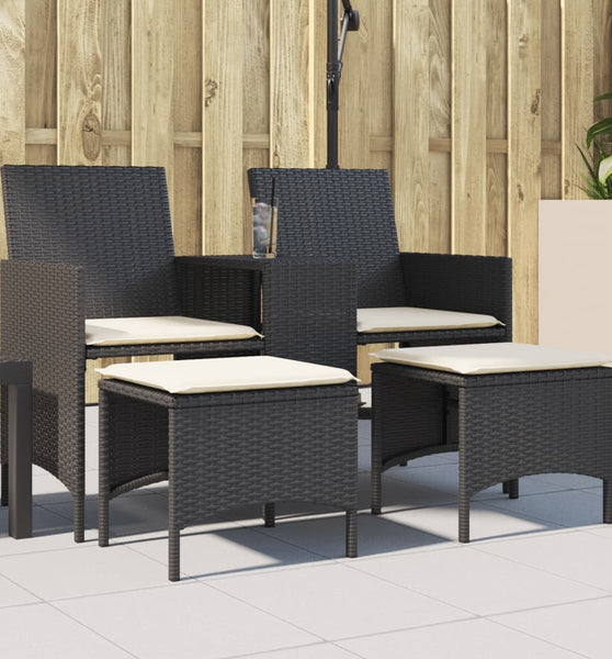 Gartensofa 2-Sitzer mit Tisch und Hockern Schwarz Poly Rattan