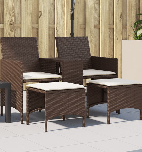 Gartensofa 2-Sitzer mit Tisch und Hockern Braun Poly Rattan
