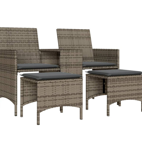Gartensofa 2-Sitzer mit Tisch und Hockern Grau Poly Rattan