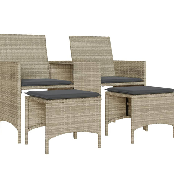 Gartensofa 2-Sitzer mit Tisch und Hockern Hellgrau Poly Rattan