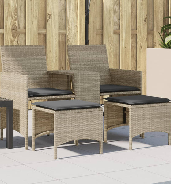 Gartensofa 2-Sitzer mit Tisch und Hockern Hellgrau Poly Rattan