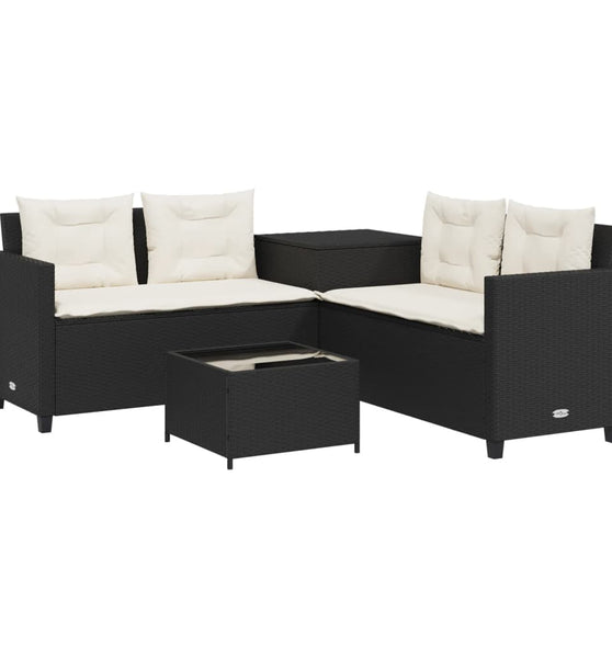 Gartensofa in L-Form mit Tisch und Kissen Schwarz Poly Rattan