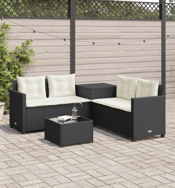 Gartensofa in L-Form mit Tisch und Kissen Schwarz Poly Rattan