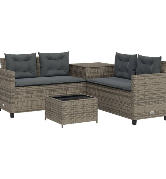 Gartensofa in L-Form mit Tisch und Kissen Grau Poly Rattan