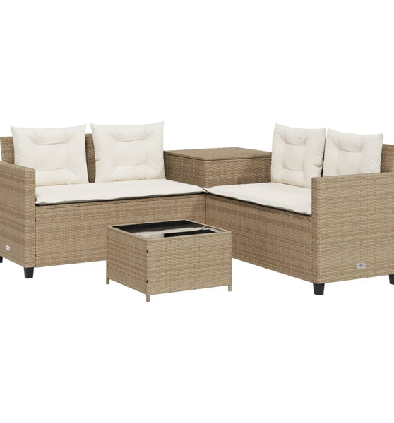 Gartensofa in L-Form mit Tisch und Kissen Beige Poly Rattan