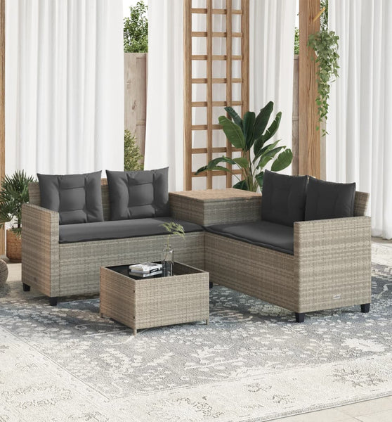 Gartensofa in L-Form mit Tisch und Kissen Hellgrau Poly Rattan