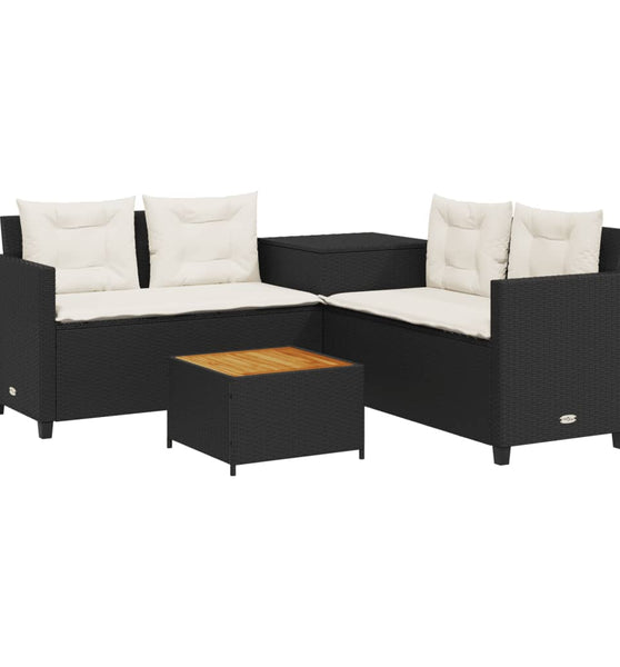 Gartensofa in L-Form mit Tisch und Kissen Schwarz Poly Rattan