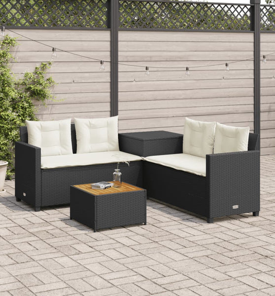 Gartensofa in L-Form mit Tisch und Kissen Schwarz Poly Rattan