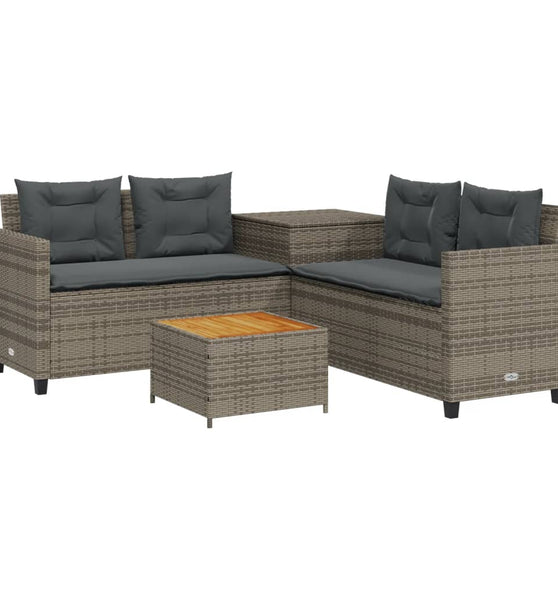 Gartensofa in L-Form mit Tisch und Kissen Grau Poly Rattan