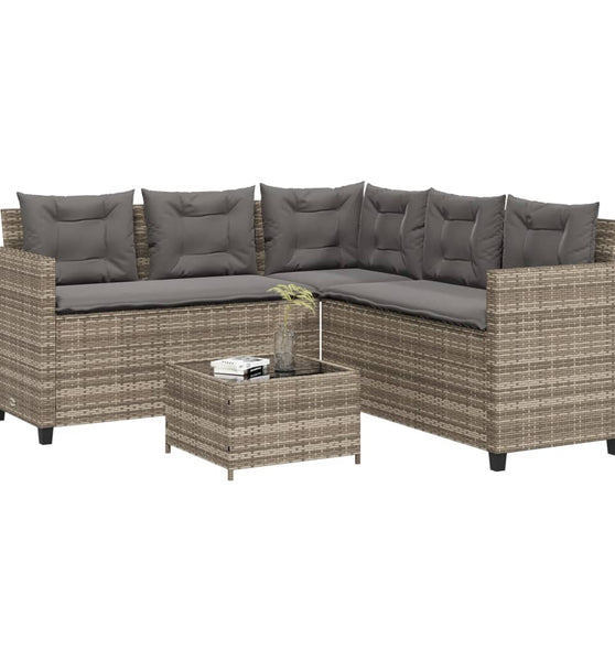 Gartensofa in L-Form mit Tisch und Kissen Grau Poly Rattan